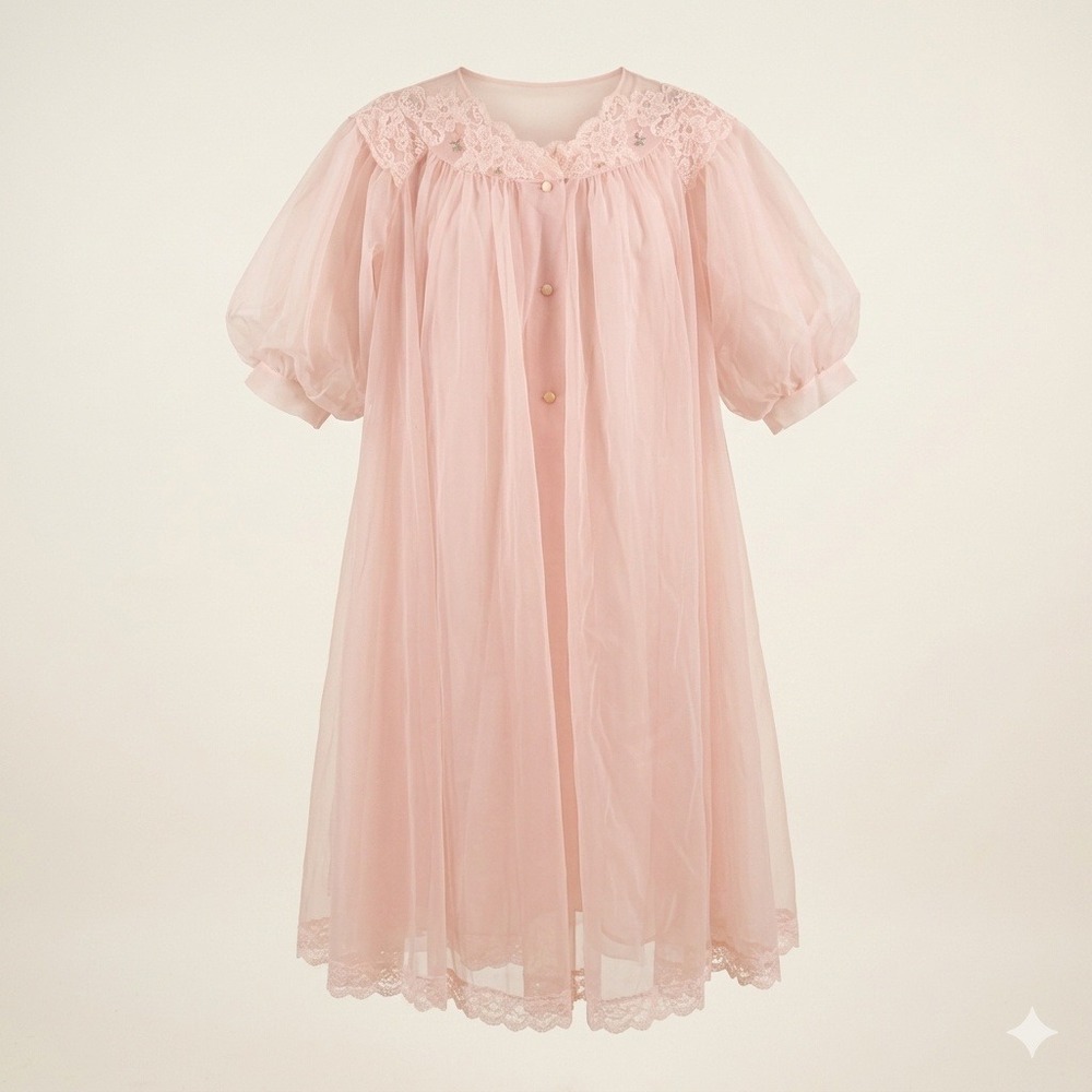 Vintage Shadowline Pastel Pink Chiffon Robe Nightgown Set Lace Trim M Romantic